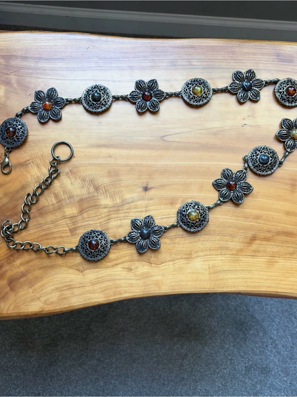 Floral Filigree Link Belt with Colored Stones